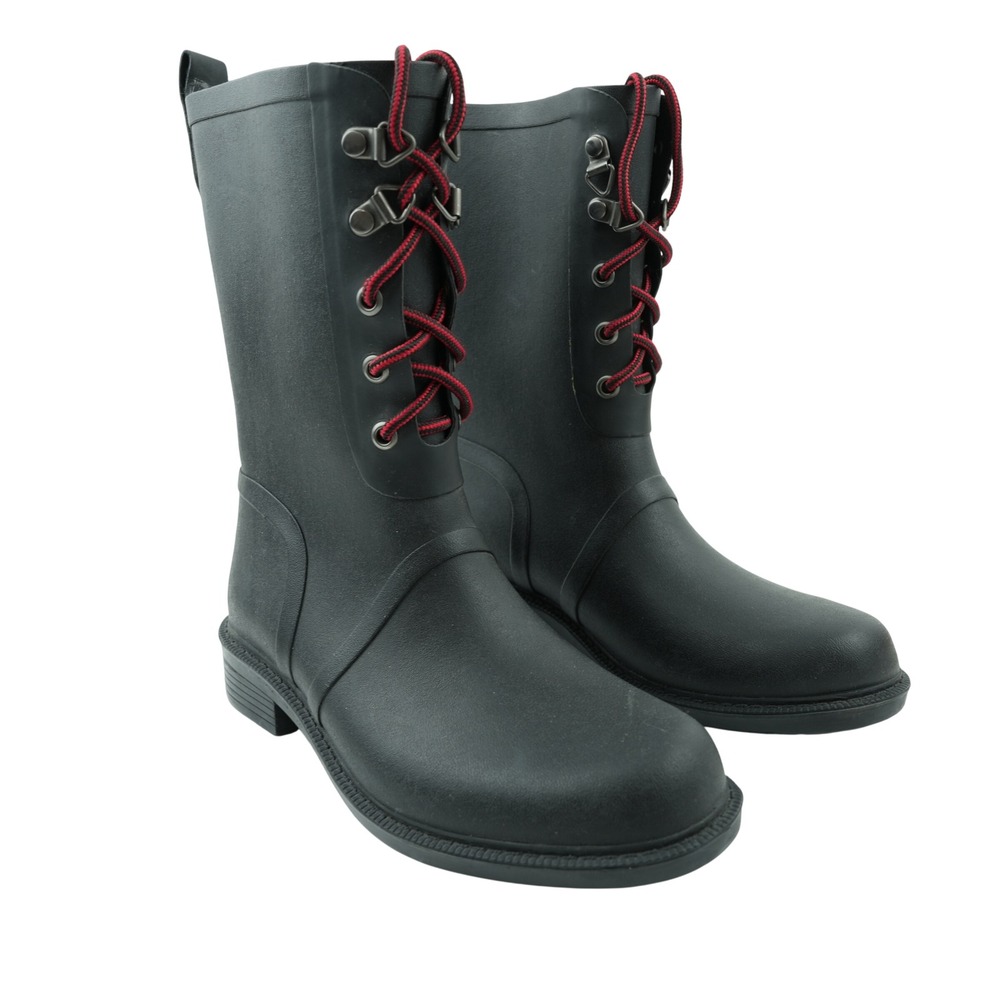 Merona Rain Boots Womens 6 Black Rubber Waterproof Lace Up Red‎ Laces Utility